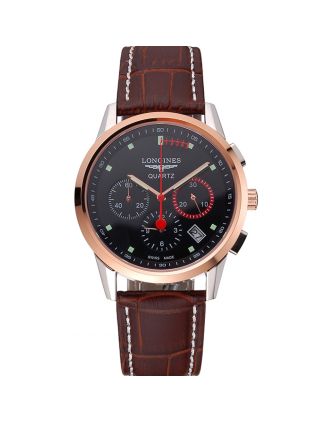 Longines Column Wheel Black Dial Two Tone Case Brown Leather Strap