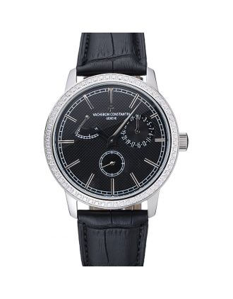 Vacheron Constantin Patrimony Power Reserve Black Dial Silver Diamond Case Black Leather Bracelet 1454267