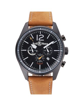 Bell and Ross BR126 Flyback Black Dial Black Case Brown Suede Leather Strap