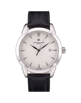 Swiss Vacheron Constantin Traditionnelle White Dial Stainless Steel Case Black Leather Bracelet