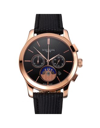 Patek Philippe Chronograph Black Dial Rose Gold Case Black Leather Strap