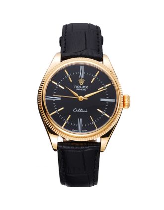 Rolex Cellini Black Dial Gold Case Black Leather Strap 622832
