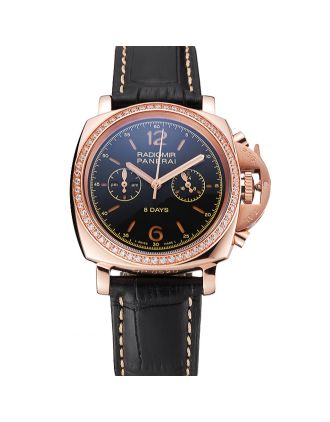 Panerai Radiomir 8 Days Chronograph Black Dial Diamond Bezel Rose Gold Case Black Leather Strap 1453798