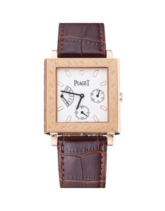 Piaget Emperador Limited Edition White Dial Engraved Rose Gold Case Brown Leather Bracelet 1454140