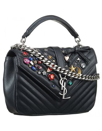 Saint Laurent College Monogram Matelasse Embellished Black Leather Bag 18927388