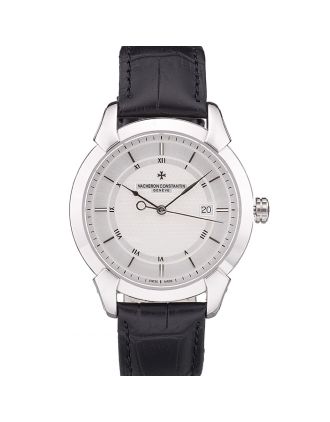 Swiss Vacheron Constantin Traditionnelle White Dial Roman Numerals Black Leather Bracelet