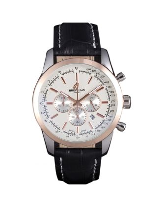 Breitling Transocean White Dial Black Leather Strap Rose Gold Bezel 98205