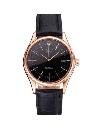 Swiss Rolex Cellini Date Black Dial Rose Gold Markings Rose Gold Case Black Leather Strap