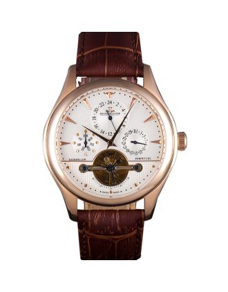 Jaeger Lecoultre Tourbillon Perpetuel Gold Bezel Brown Leather Band 621618