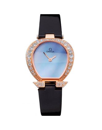 Omega Ladies Watch Blue Dial Gold Case With Diamonds Black Leather Strap 622830