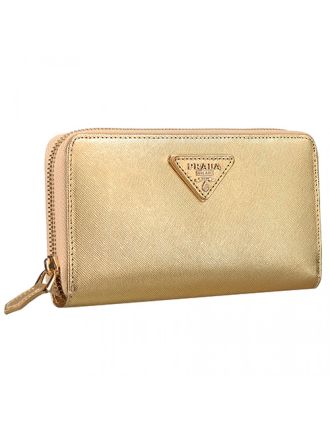 Prada Saffiano Leather Zip Around Small Gold Wallet