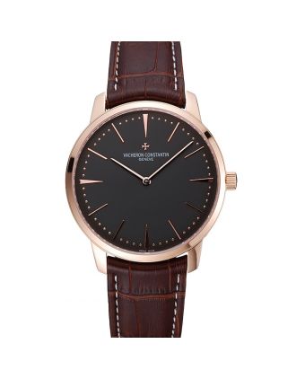 Swiss Vacheron Constantin Patrimony Grey Dial Rose Gold Case Brown Leather Bracelet 1454166