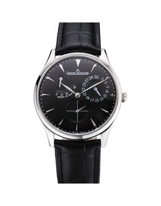 Swiss Jaeger LeCoultre Master Ultra Thin Reserve De Marche Black Dial Stainless Steel Case Black Leather Strap