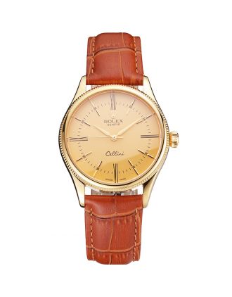Swiss Rolex Cellini Gold Dial Roman Numerals Gold Case Light Brown Leather Strap
