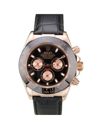 Rolex Daytona Rose Gold Case Black Dial Black Leather Strap