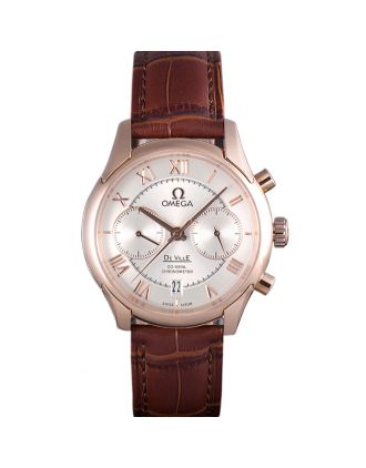 Omega DeVille Rose Gold Bezel with White Dial and Brown Leather Strap 621570