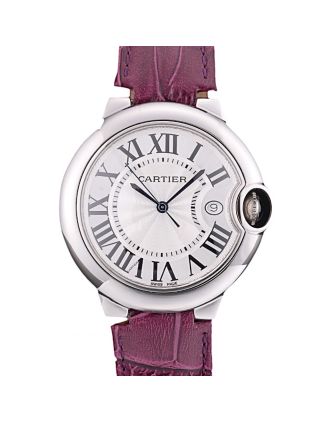 Cartier Ballon Bleu 38mm White Dial Stainless Steel Case Purple Leather Bracelet