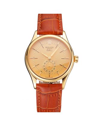 Swiss Rolex Cellini Gold Dial Gold Case Light Brown Leather Strap