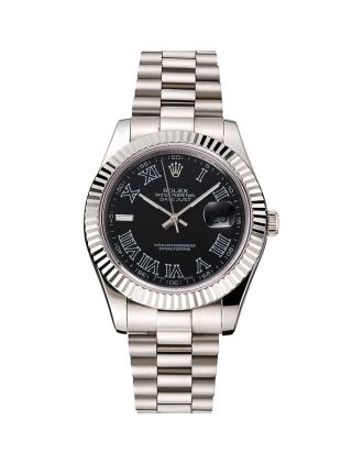 Swiss Rolex Datejust Black Dial Roman Numerals Stainless Steel Case And Bracelet