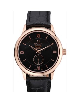 Omega DeVille Prestige Small Seconds Black Dial Gold Case Black Leather Bracelet 622602