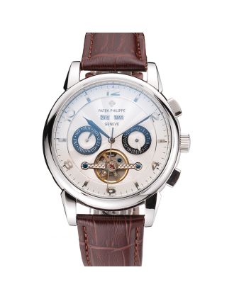 Patek Philippe Classic Tourbillon Power Reserve Black And White Dial Stainless Steel Case Brown Leather Strap