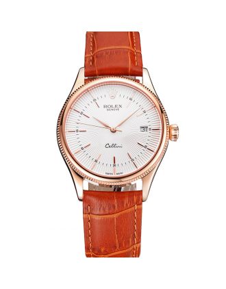 Swiss Rolex Cellini Date White Dial Rose Gold Case Brown Leather Strap