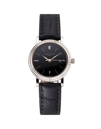 Patek Philippe Calatrava Black Dial Double Ribbed Bezel Stainless Steel Case Black Leather Strap