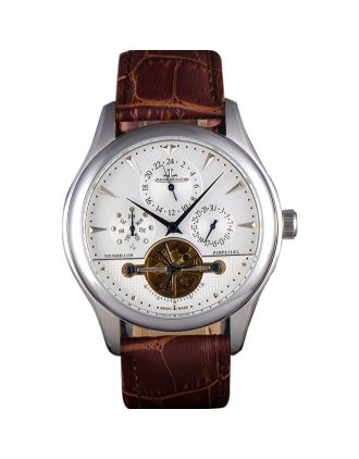 Jaeger Lecoultre Tourbillon Perpetuel Silver Bezel Brown Leather Band 621617