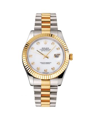 Swiss Rolex Datejust White Dial Diamond Hour Marks Gold Bezel Stainless Steel Case Two Tone Bracelet