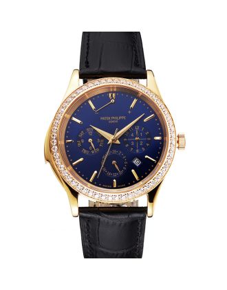 Swiss Patek Philippe Grand Complications Perpetual Calendar Blue Dial Gold Case Diamond Bezel Black Leather Strap