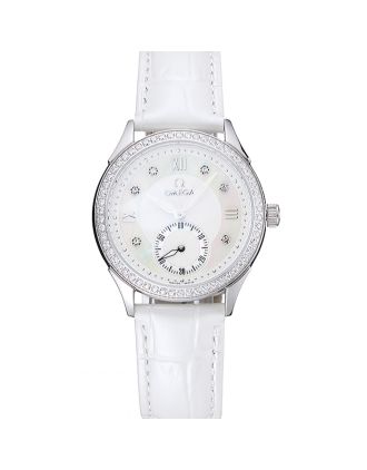 Omega DeVille Prestige White Dial Silver Diamond Case White Leather Bracelet 1454119