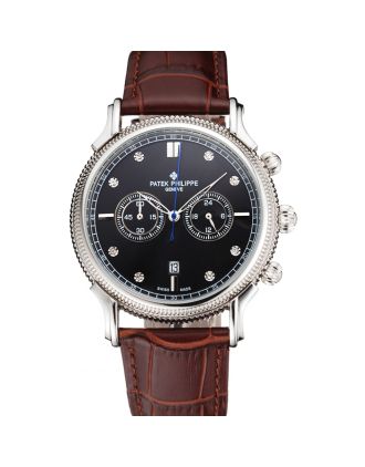 Patek Philippe Chronograph Black Dial With Diamonds Stainless Steel Case Brown Leather Strap