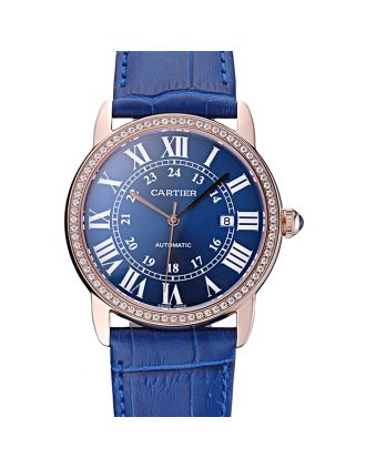 Swiss Cartier Ronde Solo Gold Diamond Case Blue Dial Roman Numerals 622208
