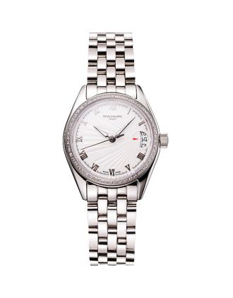 Swiss Patek Philippe Calatrava White Dial Diamond Bezel Stainless Steel Case And Bracelet