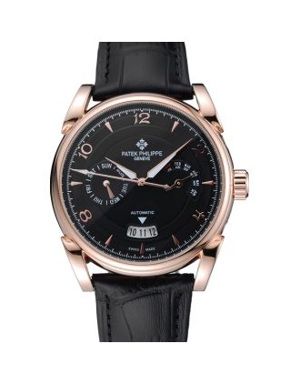 Patek Philippe Complications Chronograph Black Dial Gold Case Black Leather Bracelet 1454235