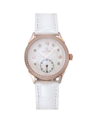 Omega DeVille Prestige White Dial Gold Diamond Case White Leather Bracelet 1454122