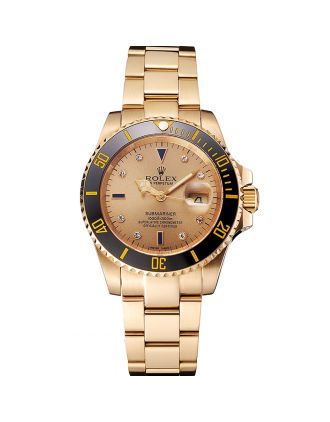 Swiss Rolex Submariner Gold Dial With Diamond Markings Black Bezel Yellow Gold Case And Bracelet
