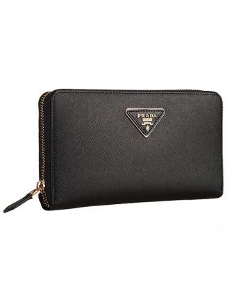 Prada Vernice Saffiano Leather Zip Around Black Wallet