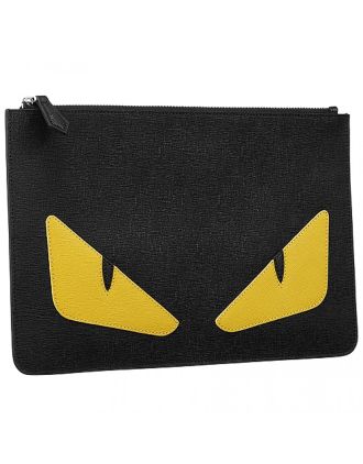 Fendi Bag Bugs Motif Black And Yellow Leather Flat Pouch 18927332