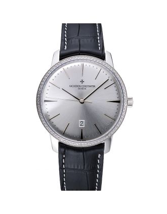 Swiss Vacheron Constantin Patrimony White Dial Silver Diamonds Case Black Leather Bracelet 1454162