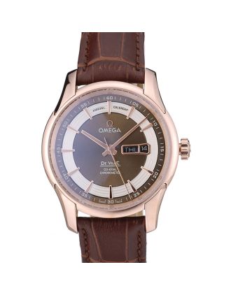 Omega Swiss DeVille Rose Gold Bezel Brown Leather Strap 7616