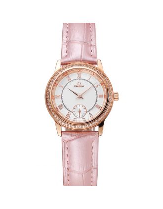 Omega De Ville Prestige Small Seconds White Dial Diamond Bezel Rose Gold Case Pink Leather Strap