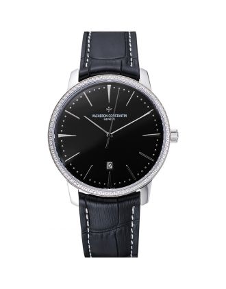 Swiss Vacheron Constantin Patrimony Black Dial Silver Diamonds Case Black Leather Bracelet 1454164