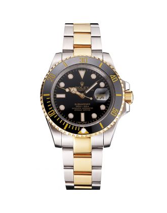 Swiss Rolex Submariner Black Dial And Bezel Two Tone Steel Gold Bracelet