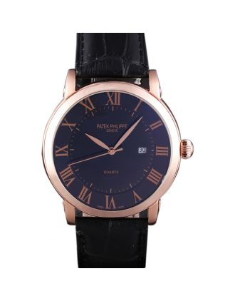 Patek Philipe Calatrava Roze Gold Polished Bezel Black Leather Bracelet 801435