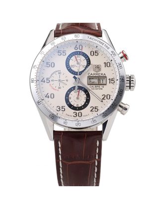 Tag Heuer Swiss Carrera Tachymeter Bezel Dark Brown Leather Strap White Dial
