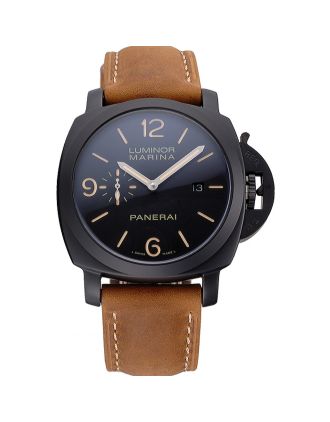 Panerai Luminor Marina Black Dial Matte Black Steel Case Brown Suede Leather Strap