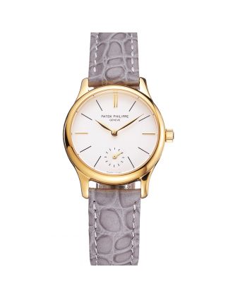 Patek Philippe Calatrava White Dial Gold Case Gray Leather Strap