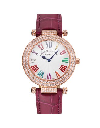 Franck Muller Double Mistery Ronde White Dial Rose Gold Case Plum Leather Strap