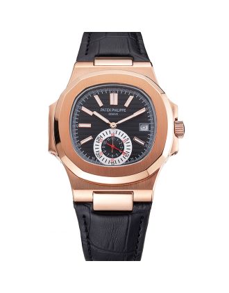 Patek Philippe Nautilus Black Dial Rose Gold Case Black Leather Strap